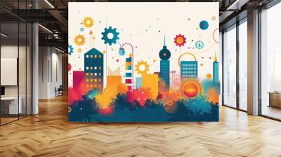 Colorful abstract city skyline with buildings and gears, representing technology and innovation in modern urban environments. Wall mural