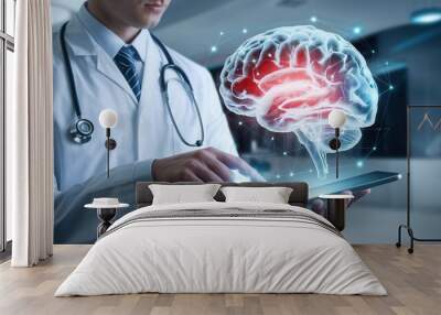 Doctor analyzing digital brain data on tablet in modern healthcare setting. Wall mural