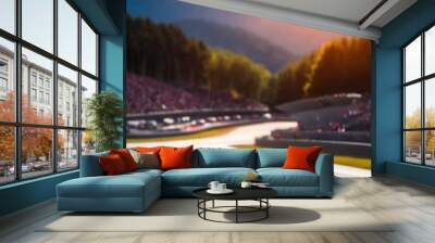 Dramatic sunset over a racing circuit with a sleek formula car navigating the track, capturing the essence of speed and excitement. Wall mural