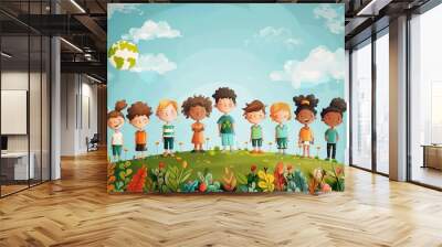 Playful Children on a Lush Green Hill Under a Sunny Sky for World Children Rights Day, featuring interactive elements and animations to educate Wall mural