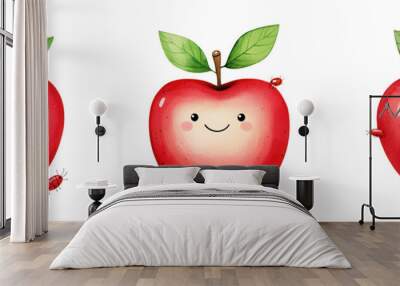 Three cute and cheerful apples with smiling faces and green leaves, perfect for fun designs and children's artwork. isolated on a transparent background Wall mural