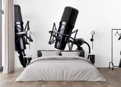 Three stylish black microphones arranged in a row, ideal for music, podcasting or broadcasting. Perfect for audio recording. isolated on a transparent background Wall mural