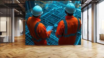 Two engineers in helmets analyze blueprints using a tablet in a high-tech industrial environment, projecting future construction plans. Wall mural