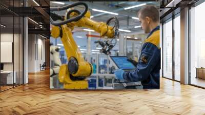 Worker operating a robotic arm in a modern industrial setting Wall mural