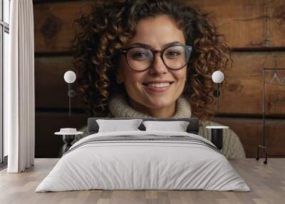 A smiling woman with curly hair poses in a cozy sweater against a rustic wooden background in a warm indoor setting Wall mural