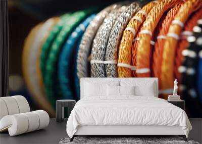 A bundle of neatly coiled fiber optic cables, emphasizing the advanced technology and high-speed data transmission capabilities used in modern communication networks. Wall mural