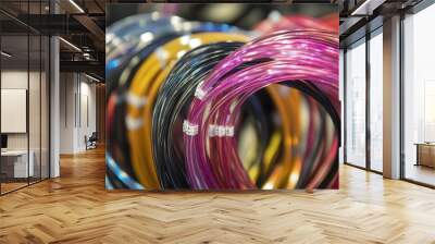 A bundle of neatly coiled fiber optic cables, emphasizing the advanced technology and high-speed data transmission capabilities used in modern communication networks. Wall mural