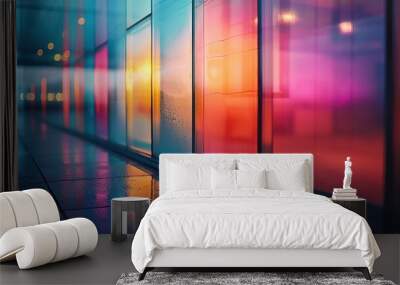 A colorful building with a glass wall and a wet floor Wall mural