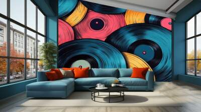 A detailed illustration of music on vinyl records, highlighting the texture and vintage charm of vinyl grooves. Wall mural