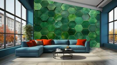 A green tile wall with hexagonal shapes Wall mural