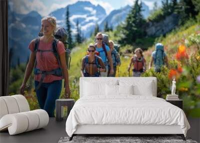 A group of people are hiking up a mountain trail Wall mural