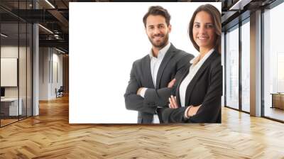 A man and a woman are posing for a picture in business attire Wall mural