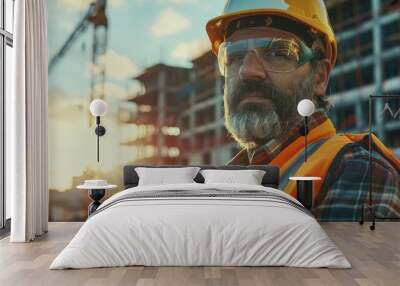 A man is working at a construction site. Construction hard hats and work shirts Beaming Middle-aged and above Wall mural