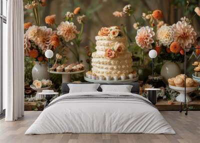 A table is covered with a white cake and a variety of pastries Wall mural