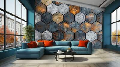 A wall made of hexagonal tiles with a mix of colors, including gold and brown Wall mural