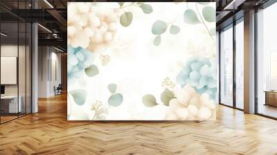 Delicate floral design featuring soft blue and cream hydrangeas with gentle green leaves, perfect for elegant backgrounds. Wall mural