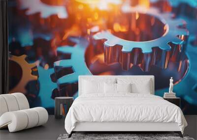 Interlocking Metal Gears in Blue and Orange Wall mural