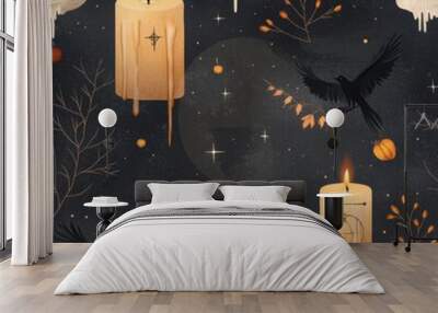 Intricate pattern featuring skulls, candles, crows, and autumn elements, perfect for Halloween or mystical themes. Wall mural