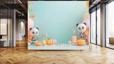 Playful skeletons celebrate Halloween with colorful balloons and pumpkins, creating a fun and festive atmosphere for the holiday. Wall mural