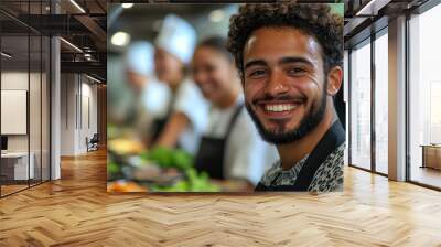 Young adult learners in a vocational training class, one pretending to be a dramatic chef while learning to cook, kitchen setting with utensils and laughter, Wall mural