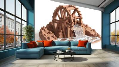 3D Clay Water Wheel Generating Hydroelectric Power on White Background Wall mural