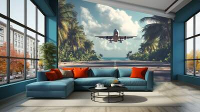 Airplane Takeoff from Tropical Island Runway with Palm Trees Framing the Scene Wall mural