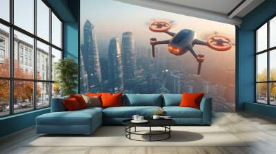 Autonomous Drone s Aerial Perspective of a Futuristic Smart City Landscape Wall mural