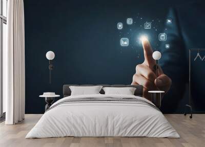 Businessman s Futuristic Gesture Highlighting Business Technology Icons Wall mural