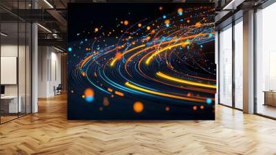 Captivating abstract digital graphics featuring a glowing radial burst of vibrant neon mesh lines and luminous streaks creating a futuristic dynamic and electrifying visual effect Wall mural