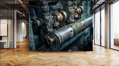 Closeup view of shiny smooth cold rolled metal sheets or plates emerging from precision rolling machinery in an industrial manufacturing facility or metalwork workshop Wall mural