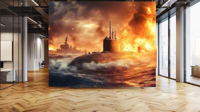 Dramatic Naval Clash Between Submarine and Destroyer in Open Sea Wall mural