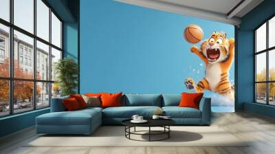 Fierce 3D Cartoon Tiger Playing Basketball with Aggressive Dribble Towards Hoop Wall mural