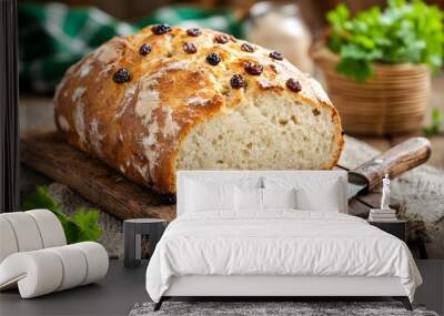 Freshly Baked Irish Soda Bread with Raisins Ready to Slice Wall mural