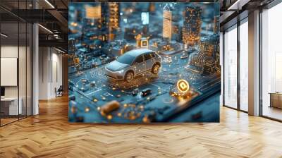 Glowing digital mesh network of interconnected lines and shapes illustrating the concept of connected vehicles and transportation infrastructure in a futuristic smart city environment Wall mural