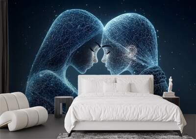 Glowing mesh lines create the outline of two friends hugging in a surreal futuristic digital embrace  The dynamic luminous forms suggest a sense of connection Wall mural