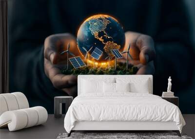 Hands Embracing a Glowing Earth Orb Surrounded by Rotating Wind Turbines and Solar Panels Symbolizing the Global Shift Towards Sustainable and Renewable Energy Solutions Wall mural