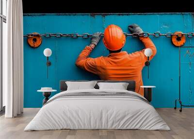 Hardworking dockworkers carefully securing cargo containers on a large shipping vessel using heavy duty metal chains and latches to ensure safe transport of goods and materials Wall mural