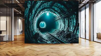 Illuminated underground mining tunnel with reflective surfaces showcasing the extraction of zinc ore from a subterranean geological deposit Wall mural