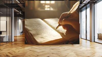 Quill Pen Writing in Old Journal with Sunlit Window Backdrop Wall mural