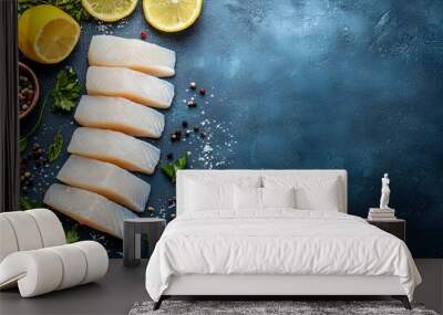 Rows of fresh raw kingfish fillets artfully arranged in a staggered pattern creating a minimalist and modern culinary presentation Wall mural