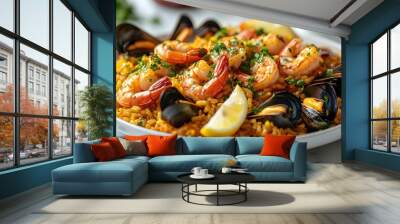 Savory Seafood Paella with Saffron Rice on Dining Table Wall mural