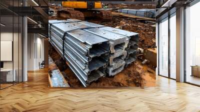 Stacks of galvanized steel sheets or panels piled high at a construction site surrounded by other building materials and equipment like lumber pipes and tools Wall mural