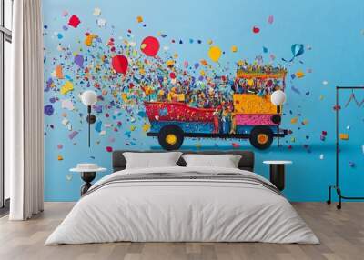 Vibrant Mardi Gras Parade Float with Colorful Paper Confetti in Abstract Art Style Wall mural