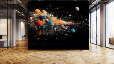 Vibrant rainbow colored fireworks trail shooting across a dark sky creating a dynamic and cosmic visual display Wall mural