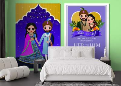  Indian wedding invitation card cute Hindu couple cartoon character in Front and Back View Wall mural