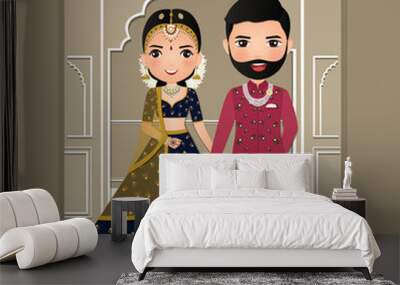  Wedding invitation card the bride and groom cute couple in traditional indian dress cartoon character. Vector illustration. Wall mural