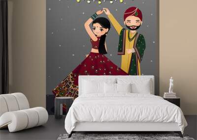  Wedding invitation card the bride and groom cute couple in traditional indian dress cartoon character. Vector illustration Wall mural