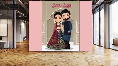  Wedding invitation card the bride and groom cute couple in traditional indian dress cartoon character. Vector illustration Wall mural