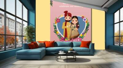  Wedding invitation card the bride and groom cute couple in traditional indian dress cartoon character. Vector illustration Wall mural