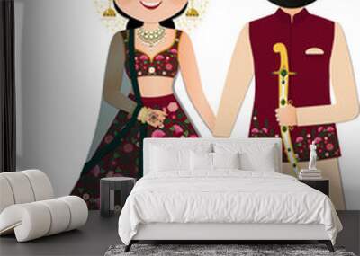 Bride and groom cute couple in traditional indian dress cartoon character Wall mural